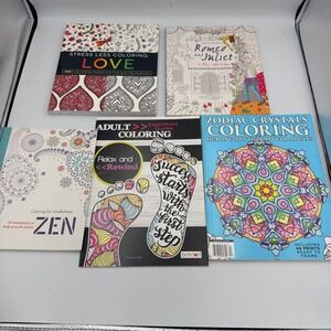 Lot of 5 Adult Coloring Books Stress Less Love Zen Mandalas Zodiac Shakespeare